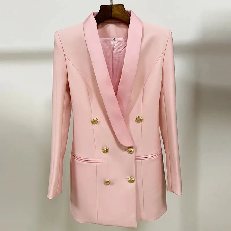 Long Sleeve Satin Collar Double Breasted Lion Buttons Notched Blazer Dress