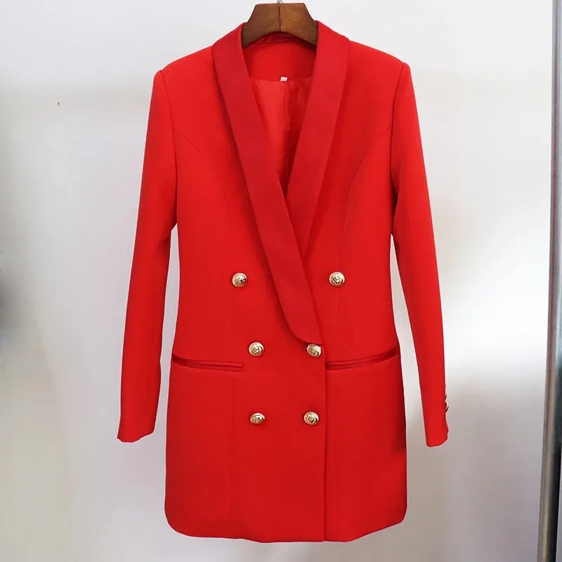 Long Sleeve Satin Collar Double Breasted Lion Buttons Notched Blazer Dress