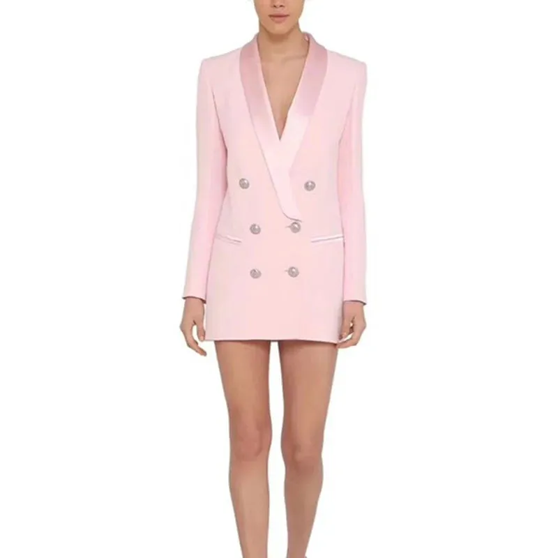 Long Sleeve Satin Collar Double Breasted Lion Buttons Notched Blazer Dress