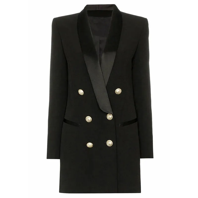 Long Sleeve Satin Collar Double Breasted Lion Buttons Notched Blazer Dress
