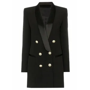 Long Sleeve Satin Collar Double Breasted Lion Buttons Notched Blazer Dress
