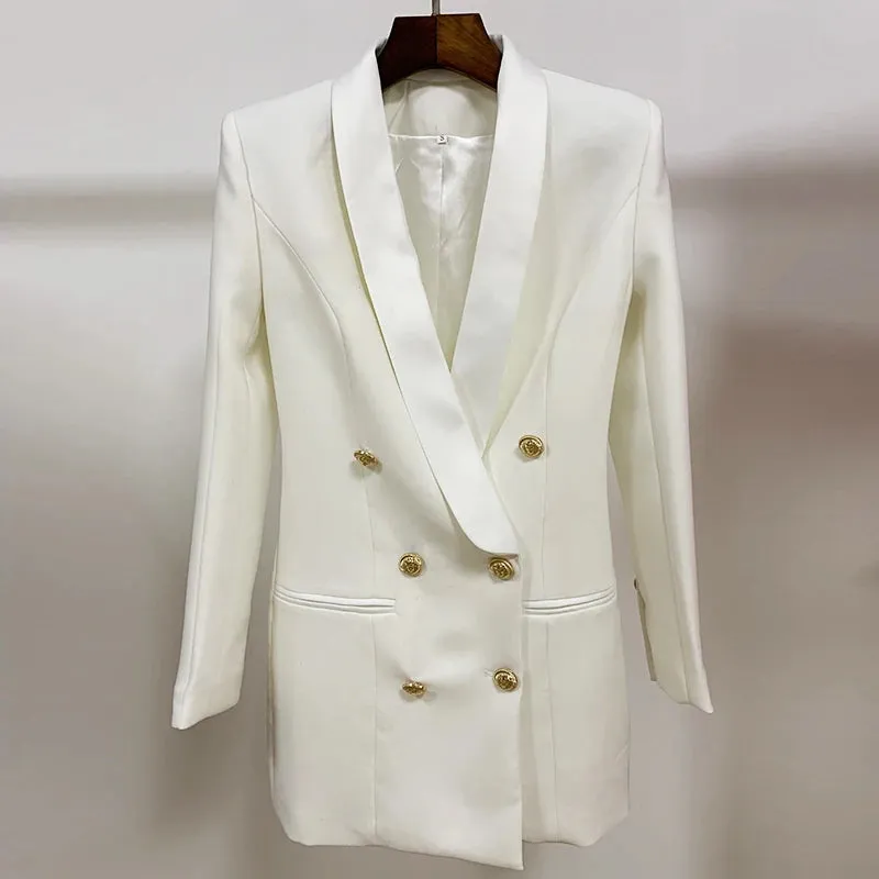 Long Sleeve Satin Collar Double Breasted Lion Buttons Notched Blazer Dress