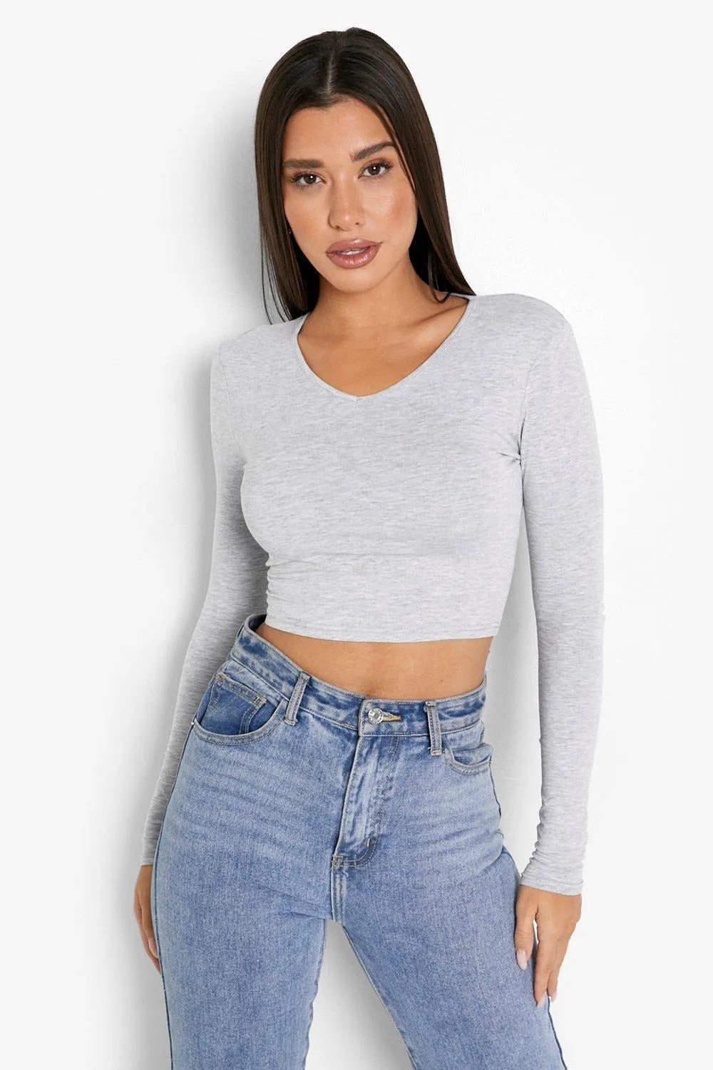 LONG SLEEVE V NECK TOP-GREY