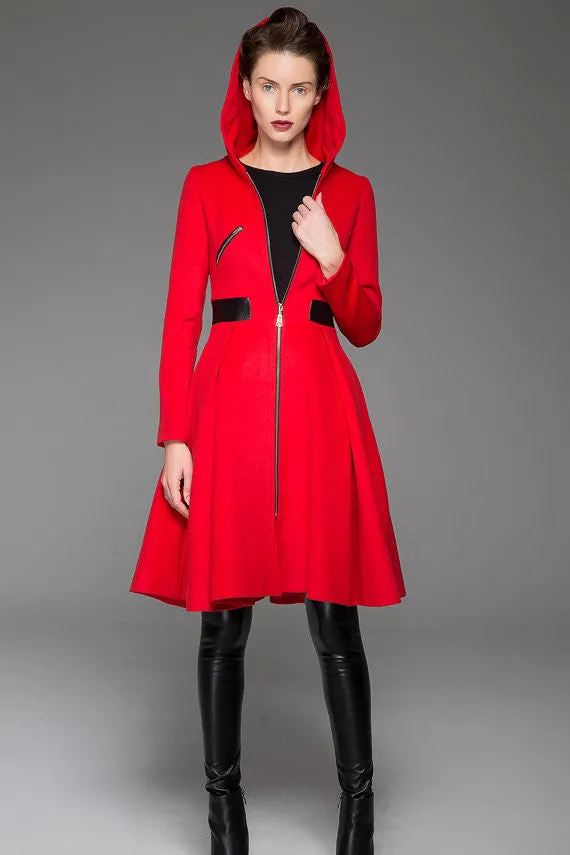 Lovely Princess Style Wool Coat Red Hooded Coat Winter Coat With Leather Stitching (1424)