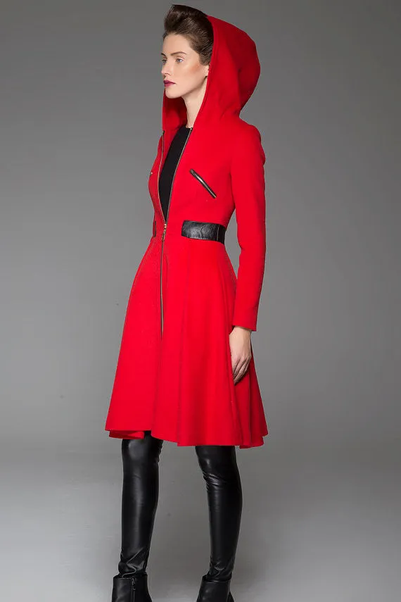 Lovely Princess Style Wool Coat Red Hooded Coat Winter Coat With Leather Stitching (1424)