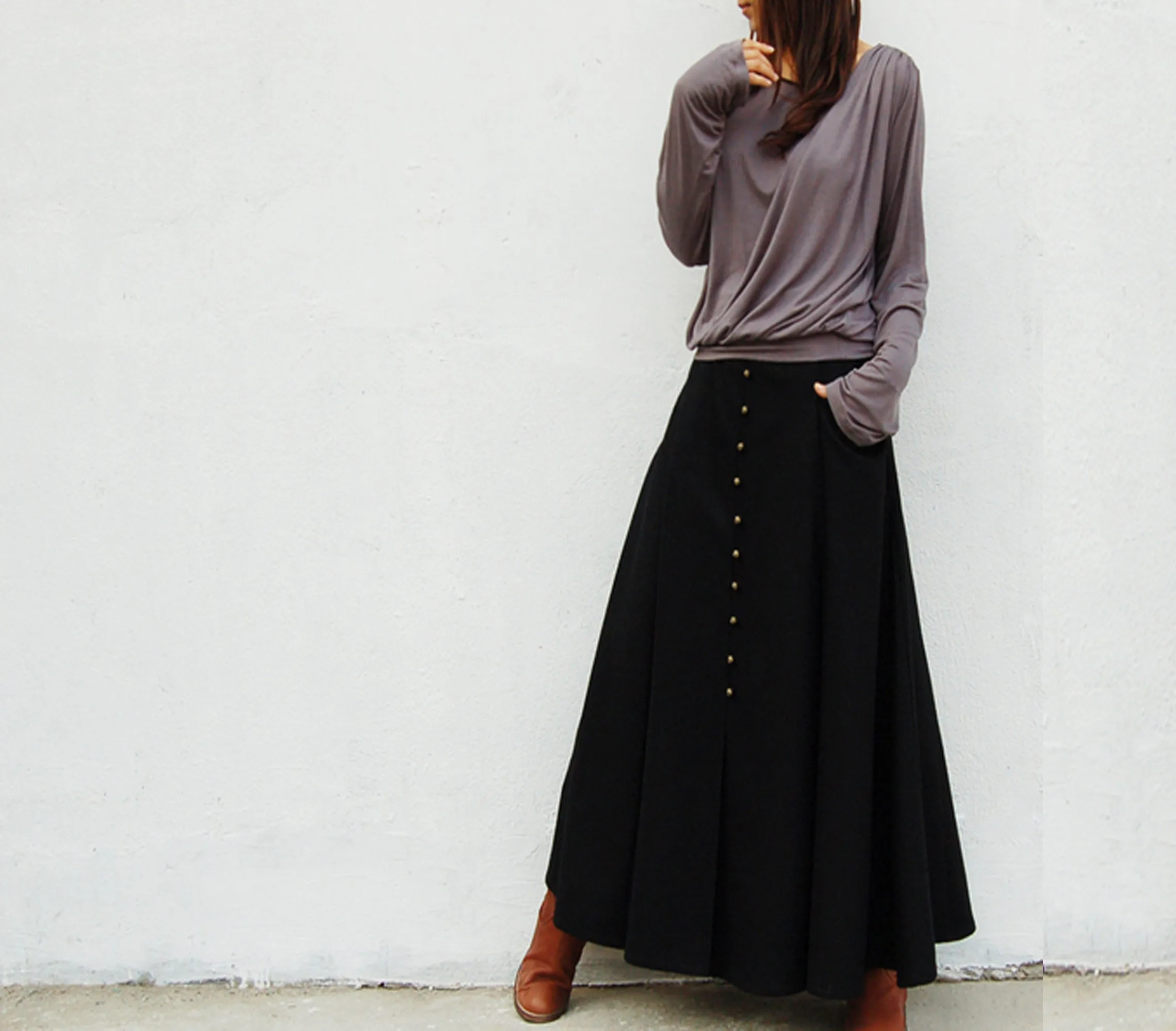 Maxi skirt/Wool skirt women/winter skirt/long skirt/a-line skirt/black skirt/skirt with pockets A007