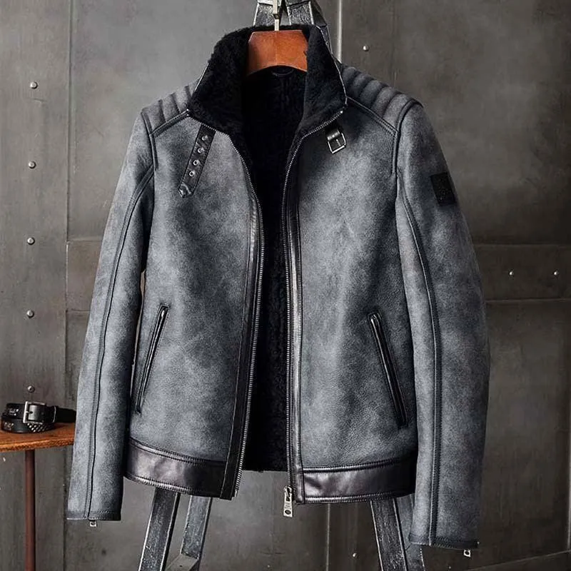 Men's B3 Leather Bomber Jacket Grey Shearling Coat