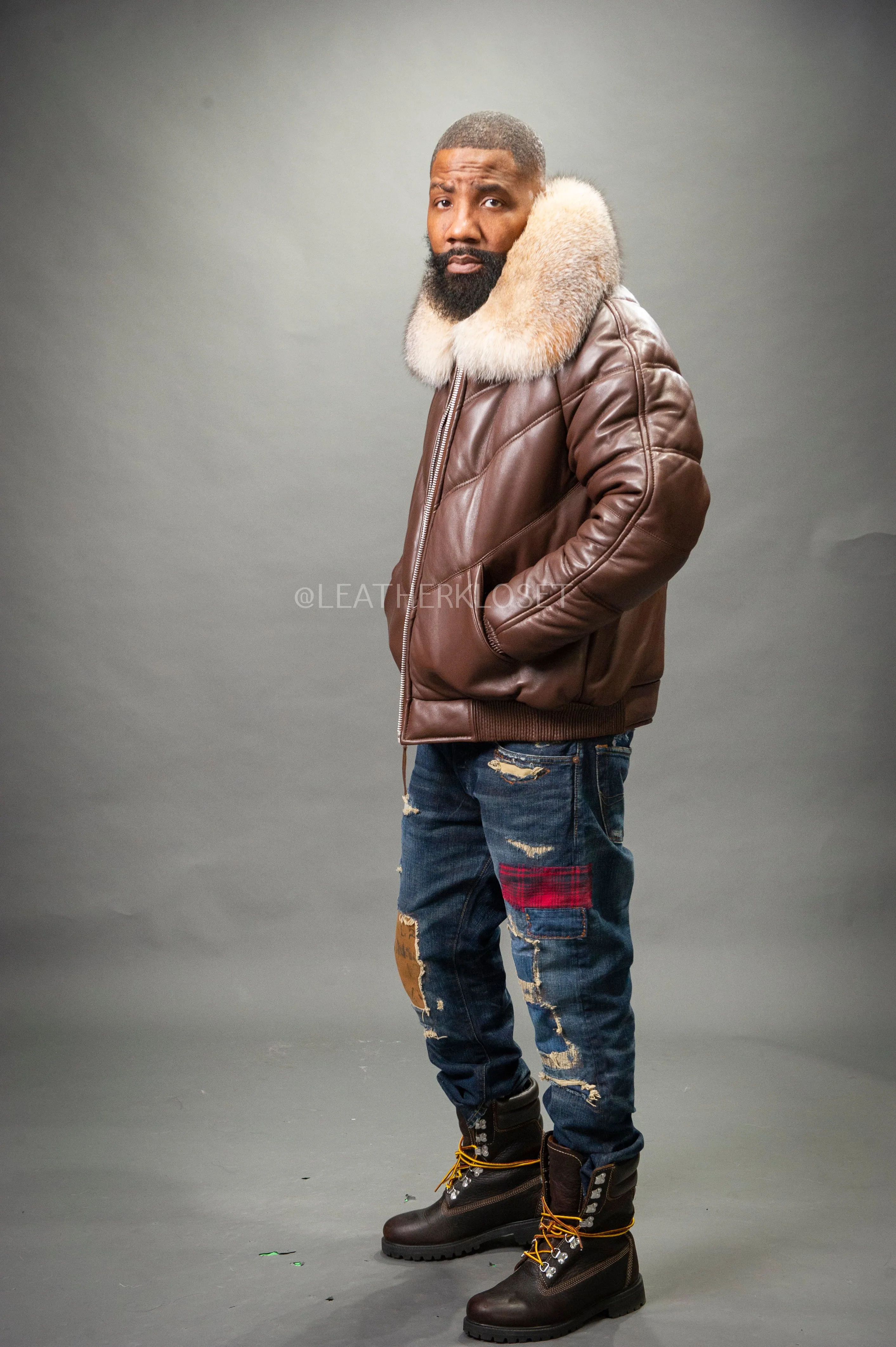 Men's V-Bomber Chocolate Brown Premium Fox Collar [Crystal Fox]