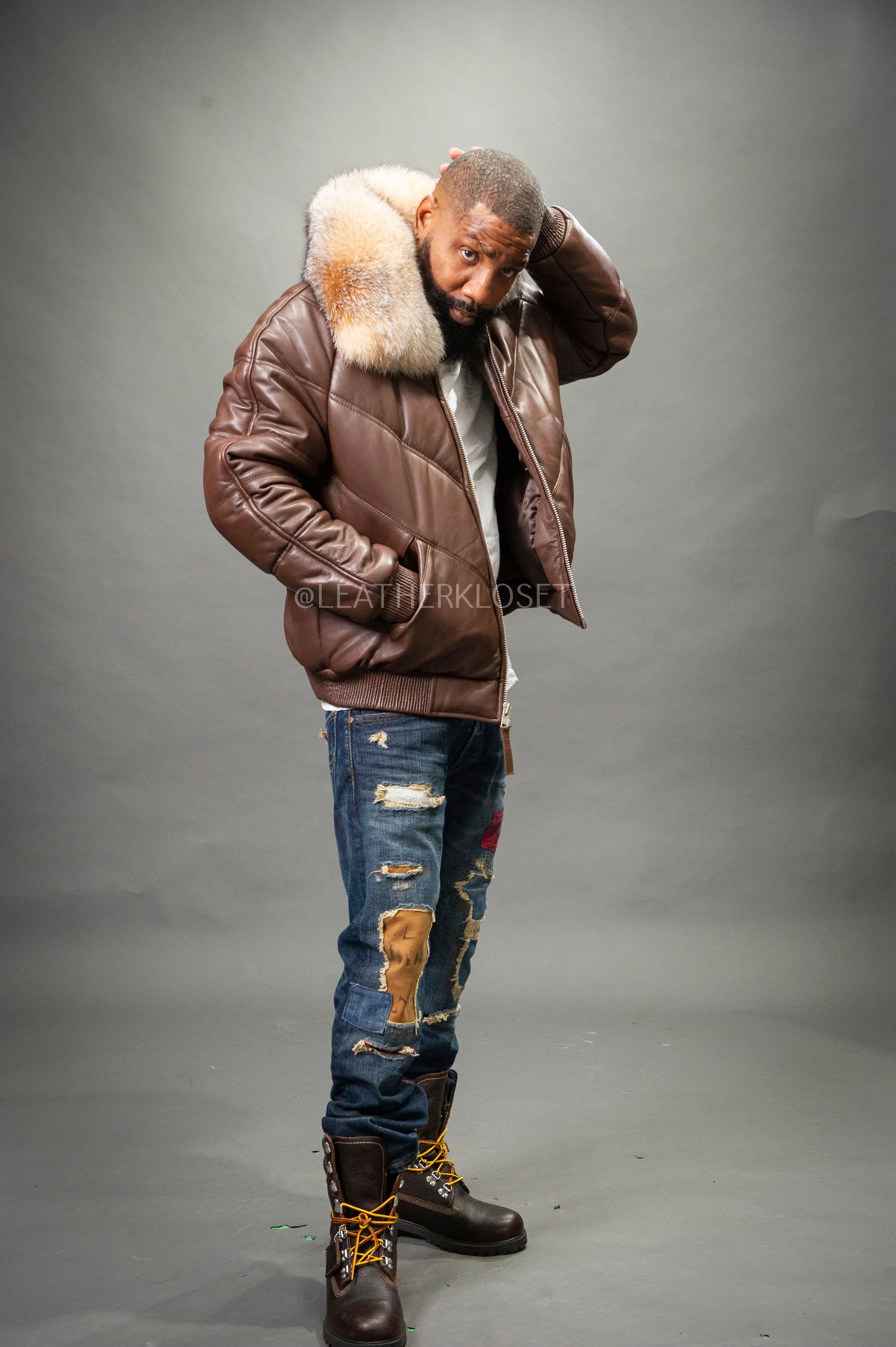 Men's V-Bomber Chocolate Brown Premium Fox Collar [Crystal Fox]