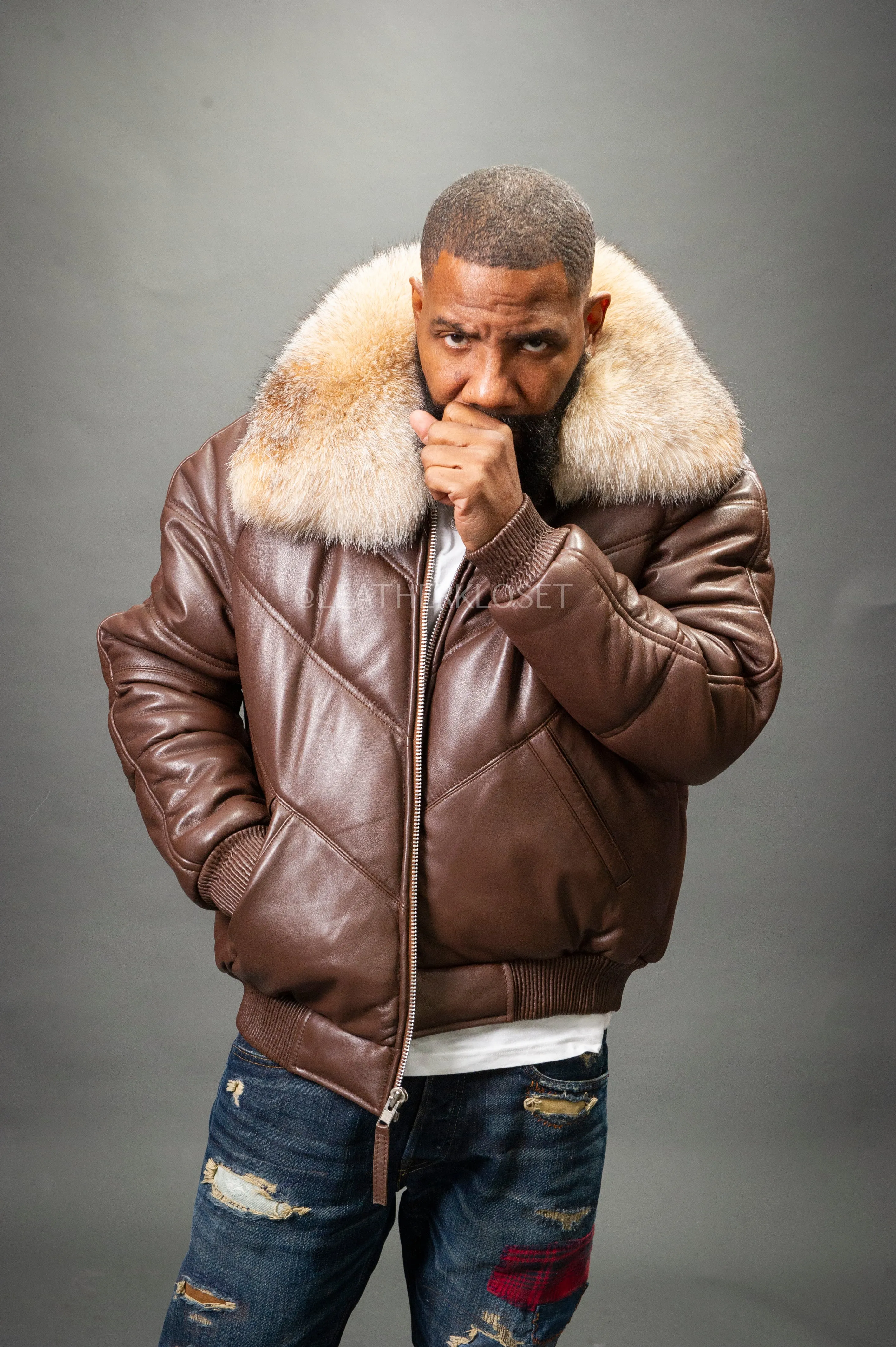 Men's V-Bomber Chocolate Brown Premium Fox Collar [Crystal Fox]