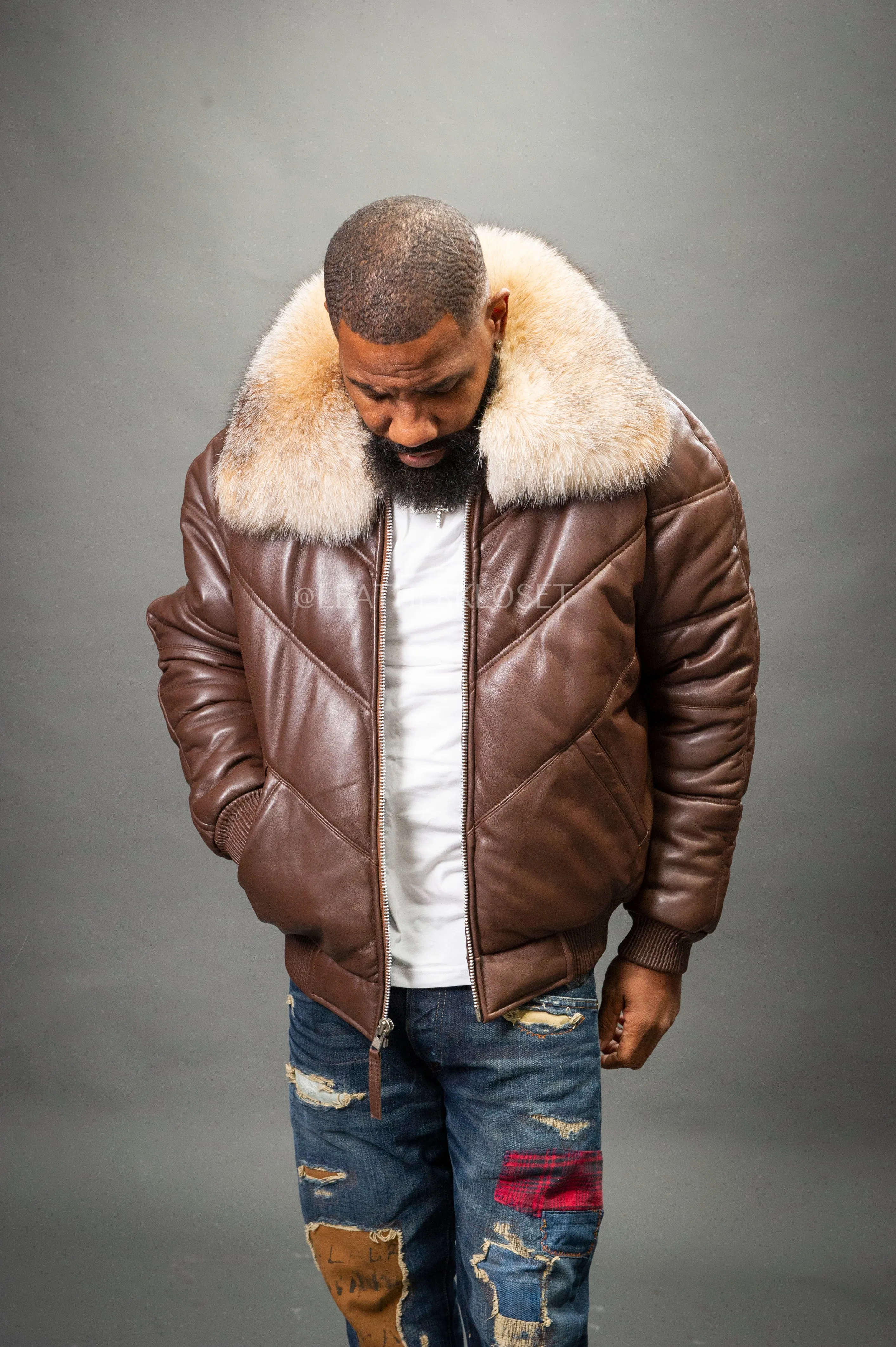 Men's V-Bomber Chocolate Brown Premium Fox Collar [Crystal Fox]