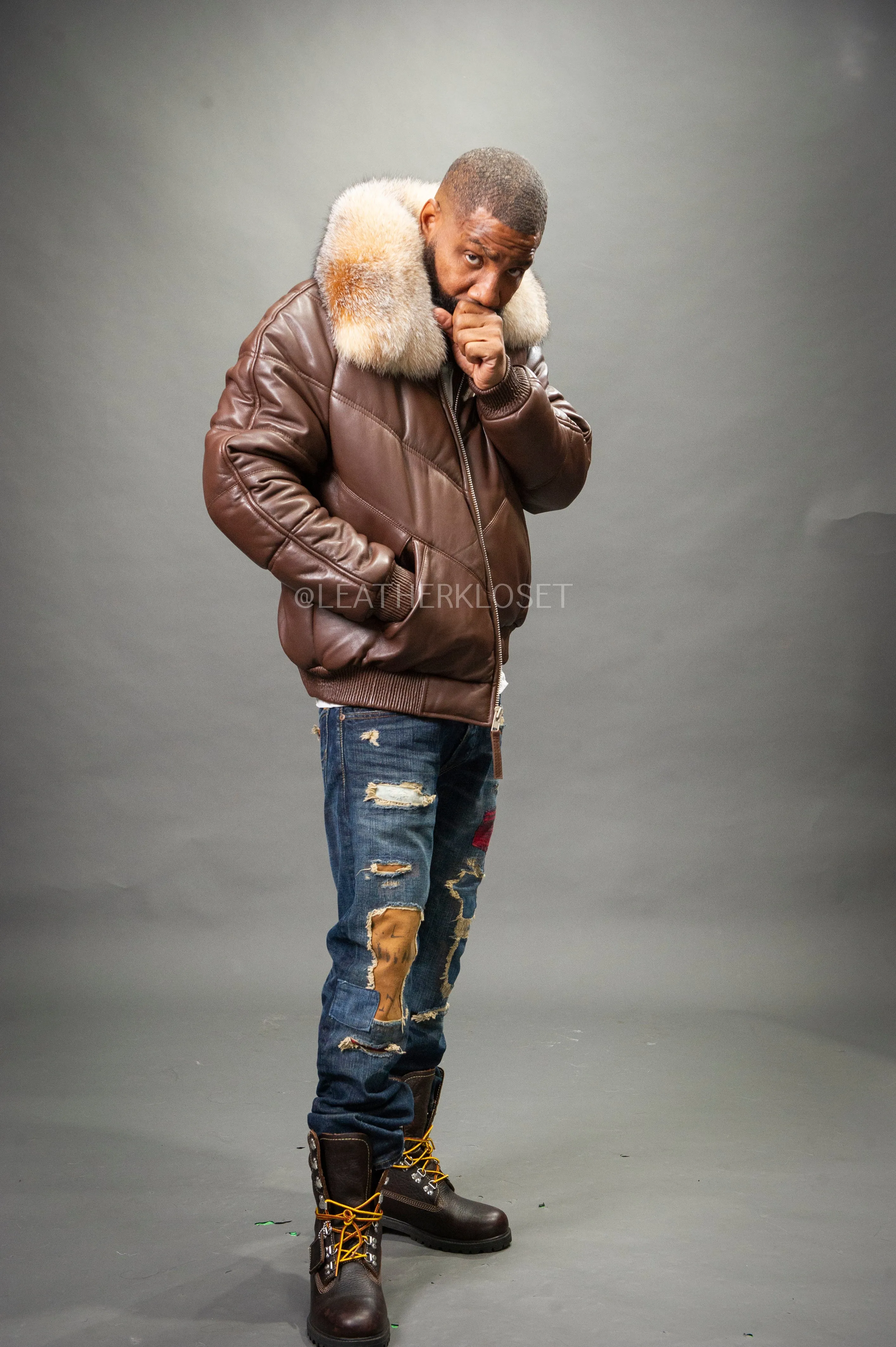 Men's V-Bomber Chocolate Brown Premium Fox Collar [Crystal Fox]