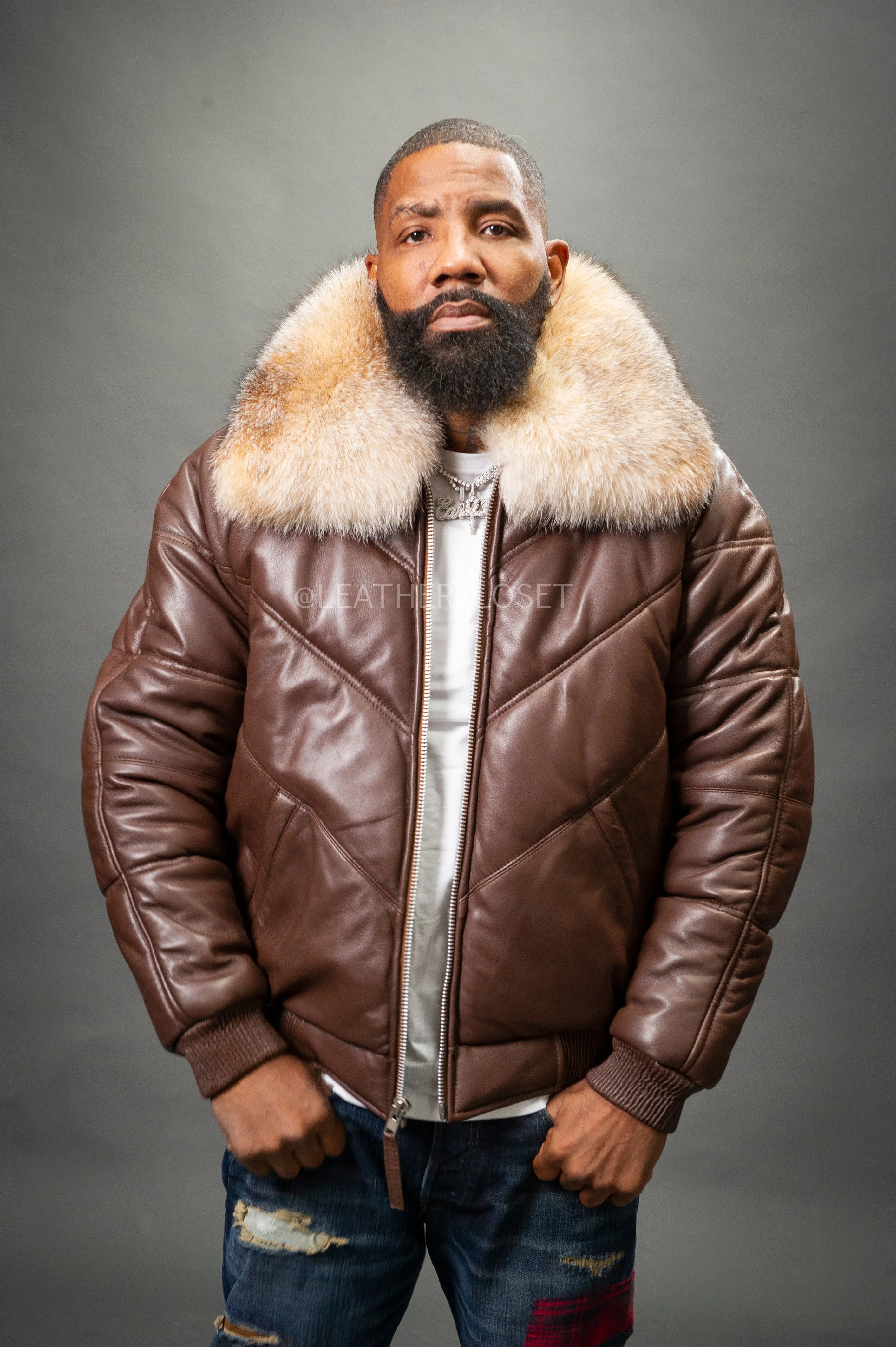 Men's V-Bomber Chocolate Brown Premium Fox Collar [Crystal Fox]