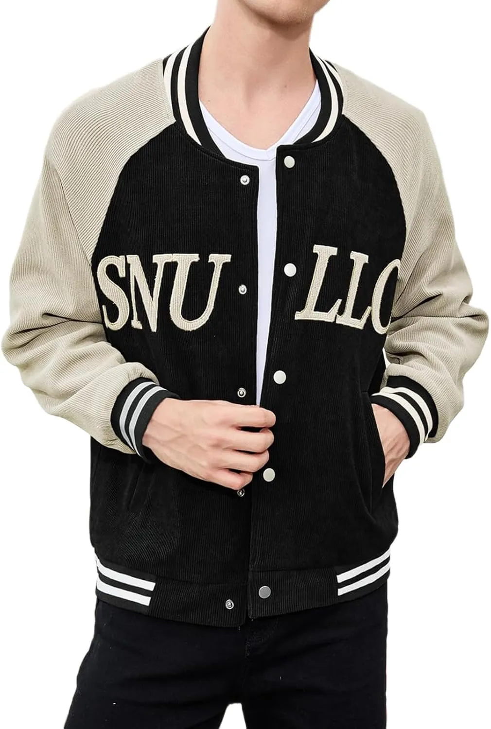 Men's Varsity Jacket Casual Baseball Bomber Jackets Buckle Style Relax Fit