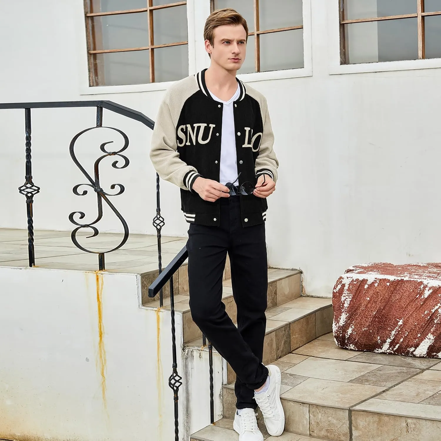Men's Varsity Jacket Casual Baseball Bomber Jackets Buckle Style Relax Fit