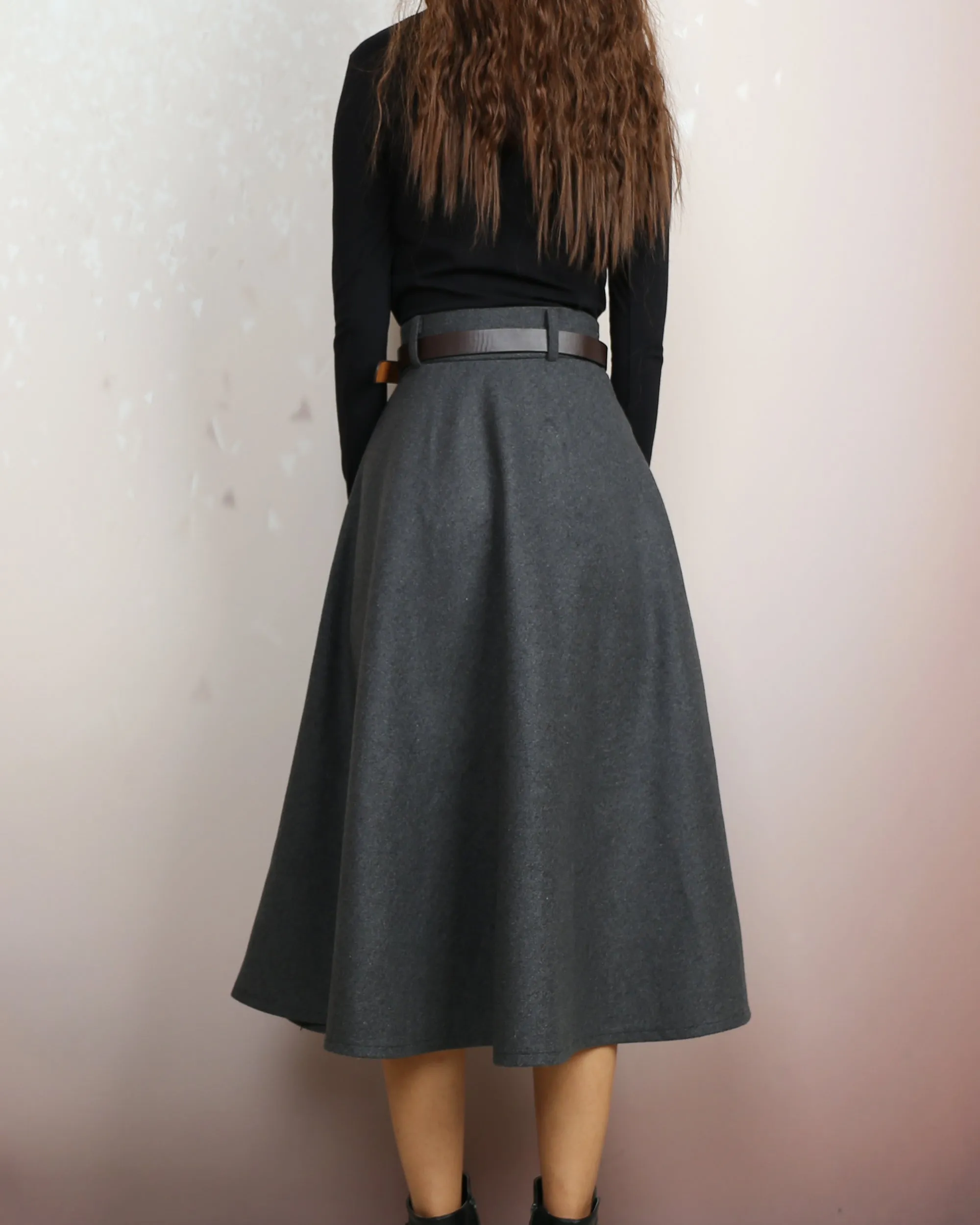 Midi skirt, Winter skirt, Wool skirt with belt, custom made skirt, black skirt (Q2143)