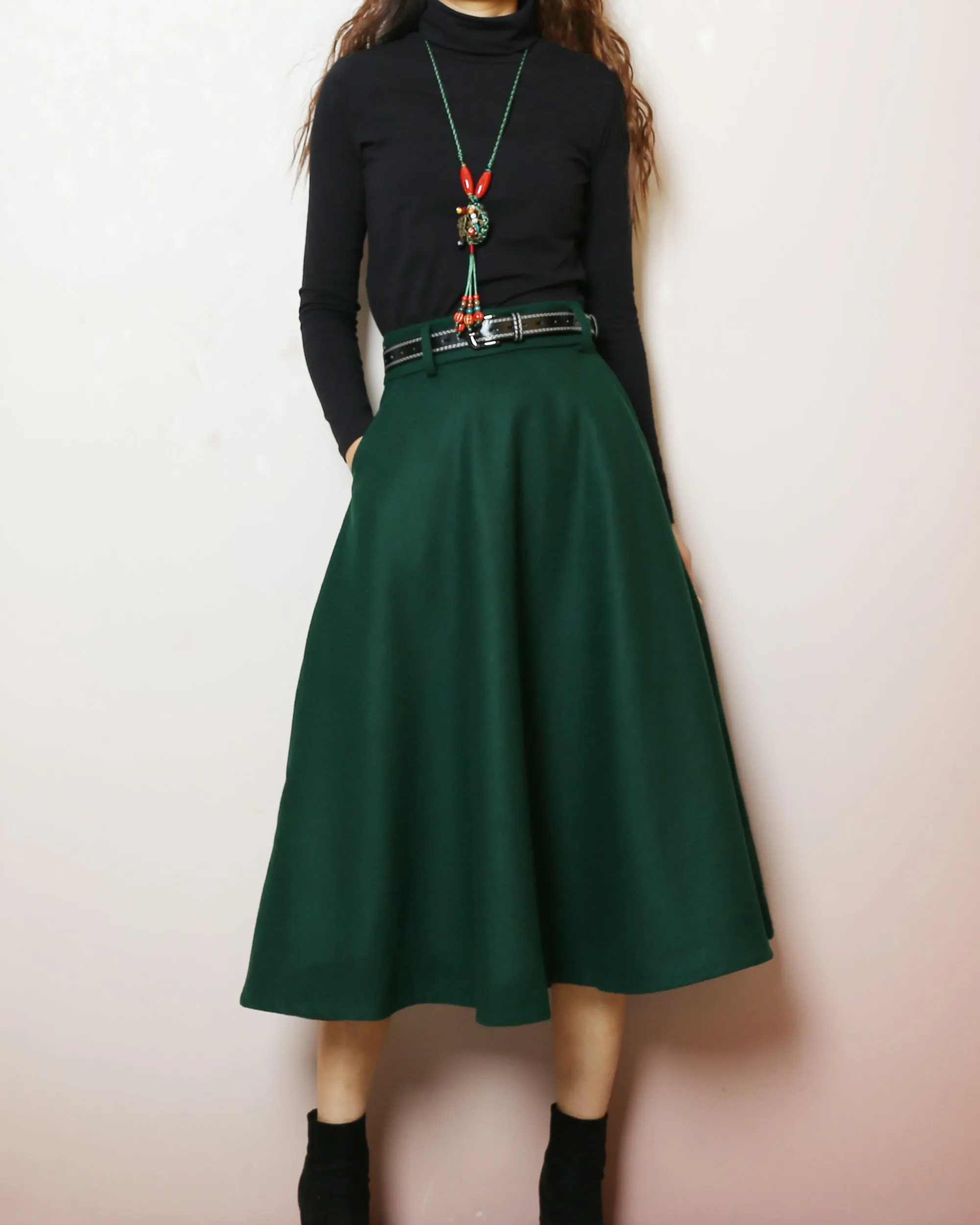 Midi skirt, Winter skirt, Wool skirt with belt, custom made skirt, black skirt (Q2143)