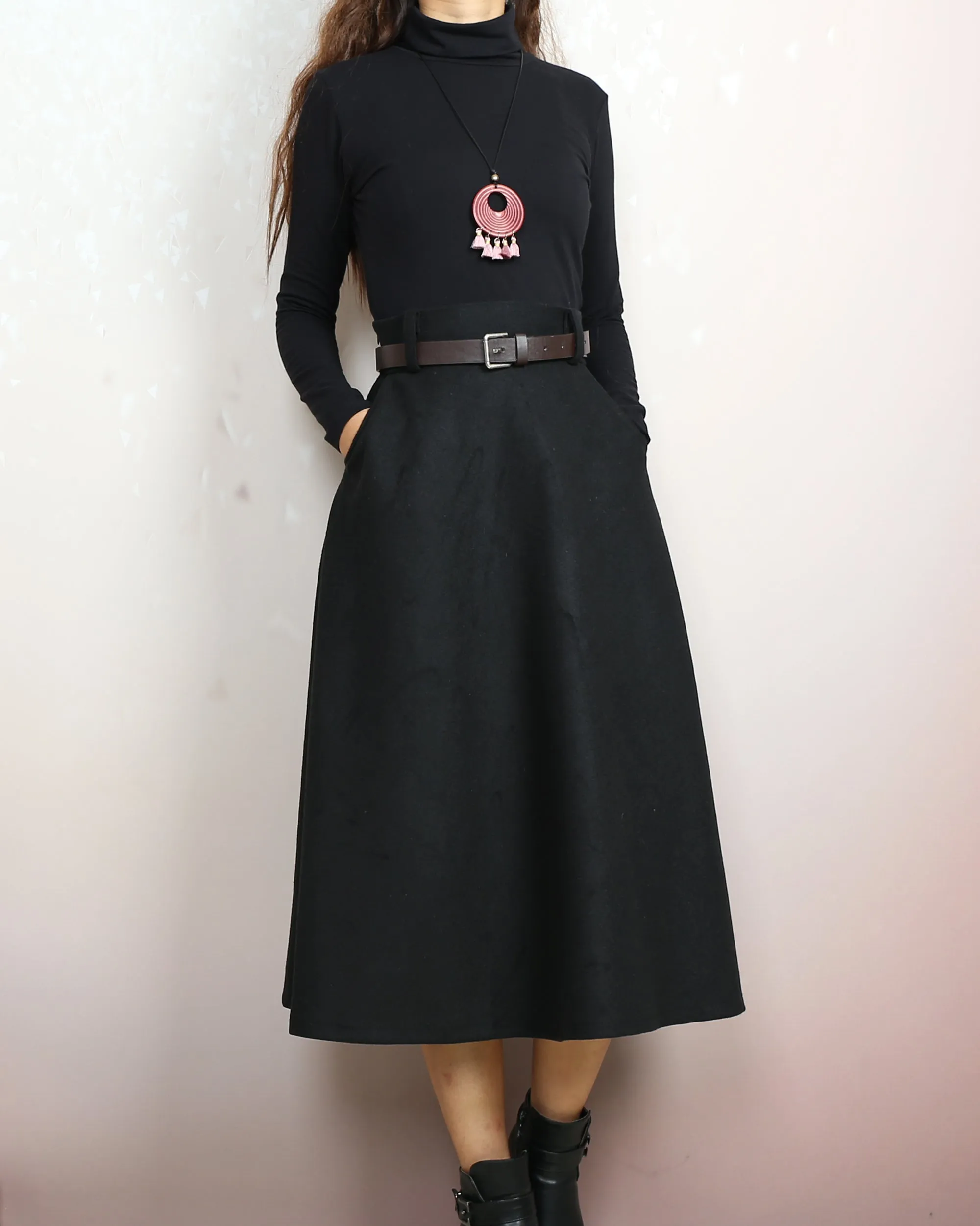Midi skirt, Winter skirt, Wool skirt with belt, custom made skirt, black skirt (Q2143)