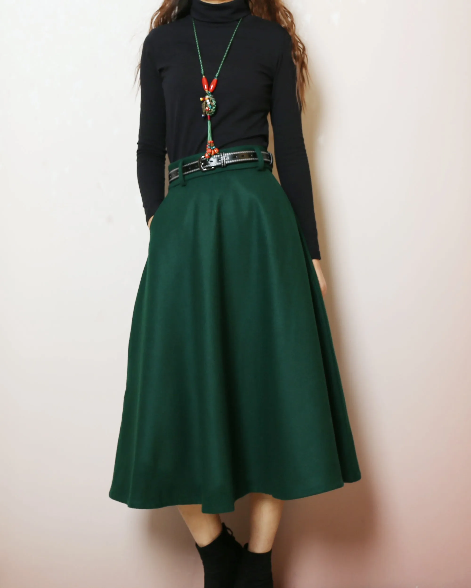 Midi skirt, Winter skirt, Wool skirt with belt, custom made skirt, black skirt (Q2143)
