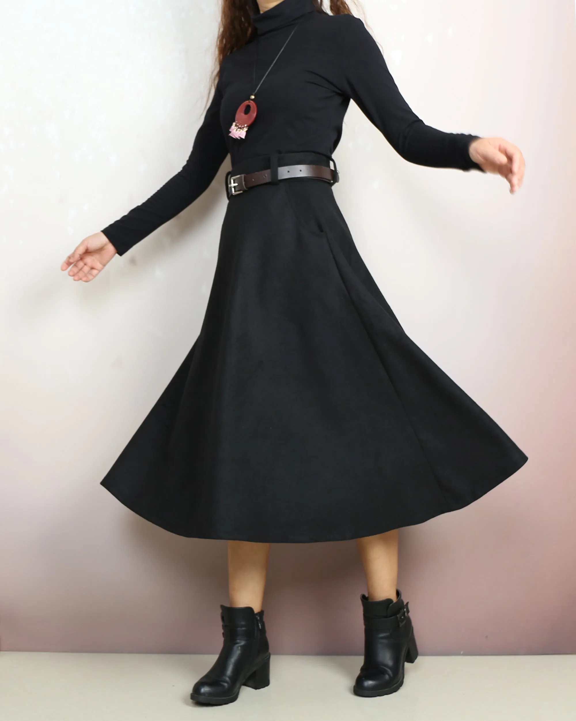 Midi skirt, Winter skirt, Wool skirt with belt, custom made skirt, black skirt (Q2143)