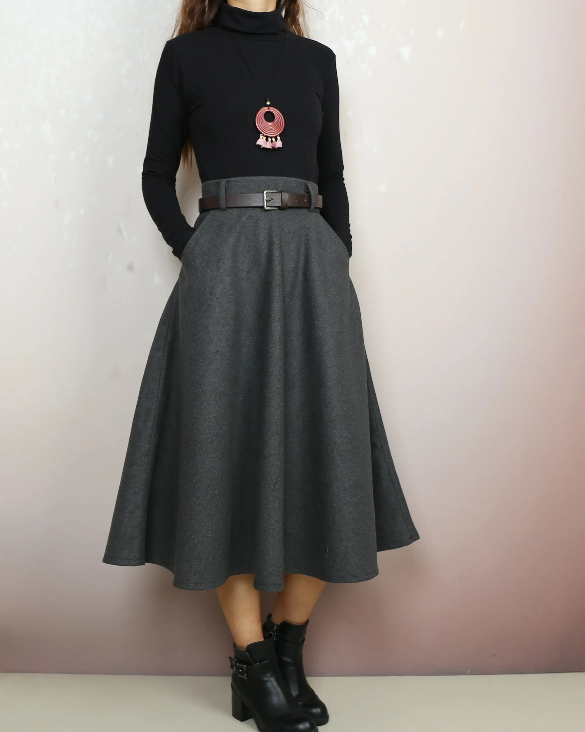 Midi skirt, Winter skirt, Wool skirt with belt, custom made skirt, black skirt (Q2143)
