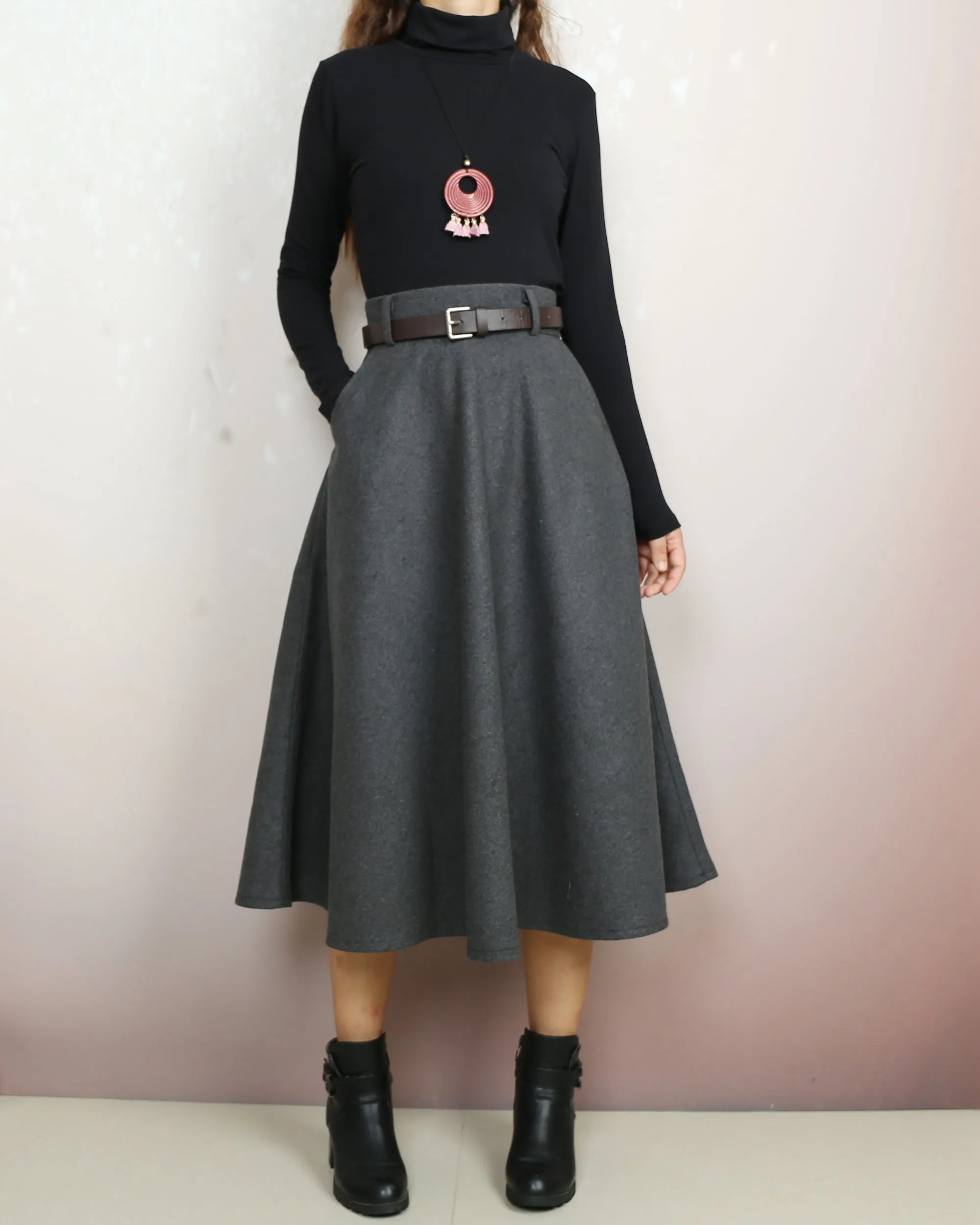 Midi skirt, Winter skirt, Wool skirt with belt, custom made skirt, black skirt (Q2143)