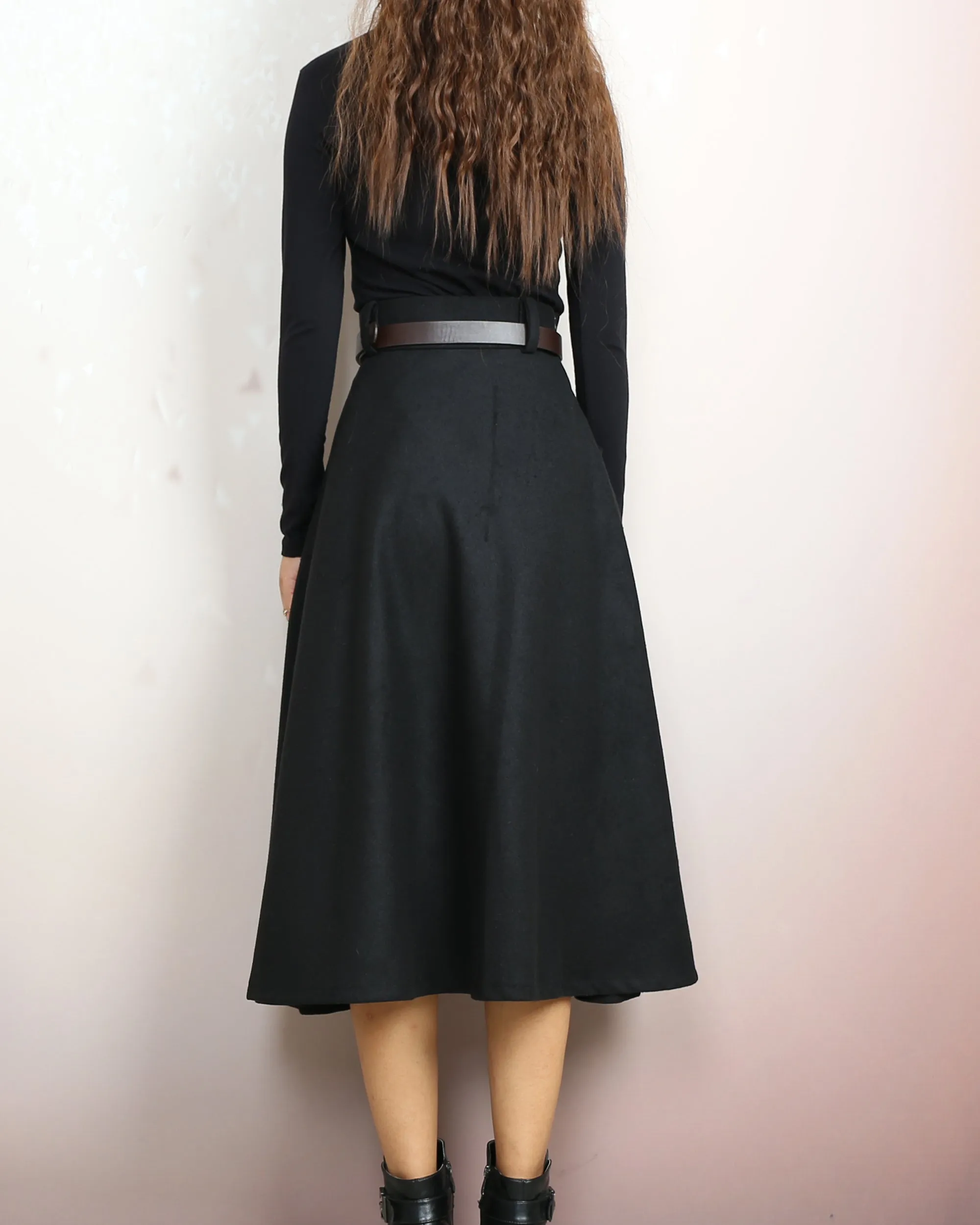 Midi skirt, Winter skirt, Wool skirt with belt, custom made skirt, black skirt (Q2143)
