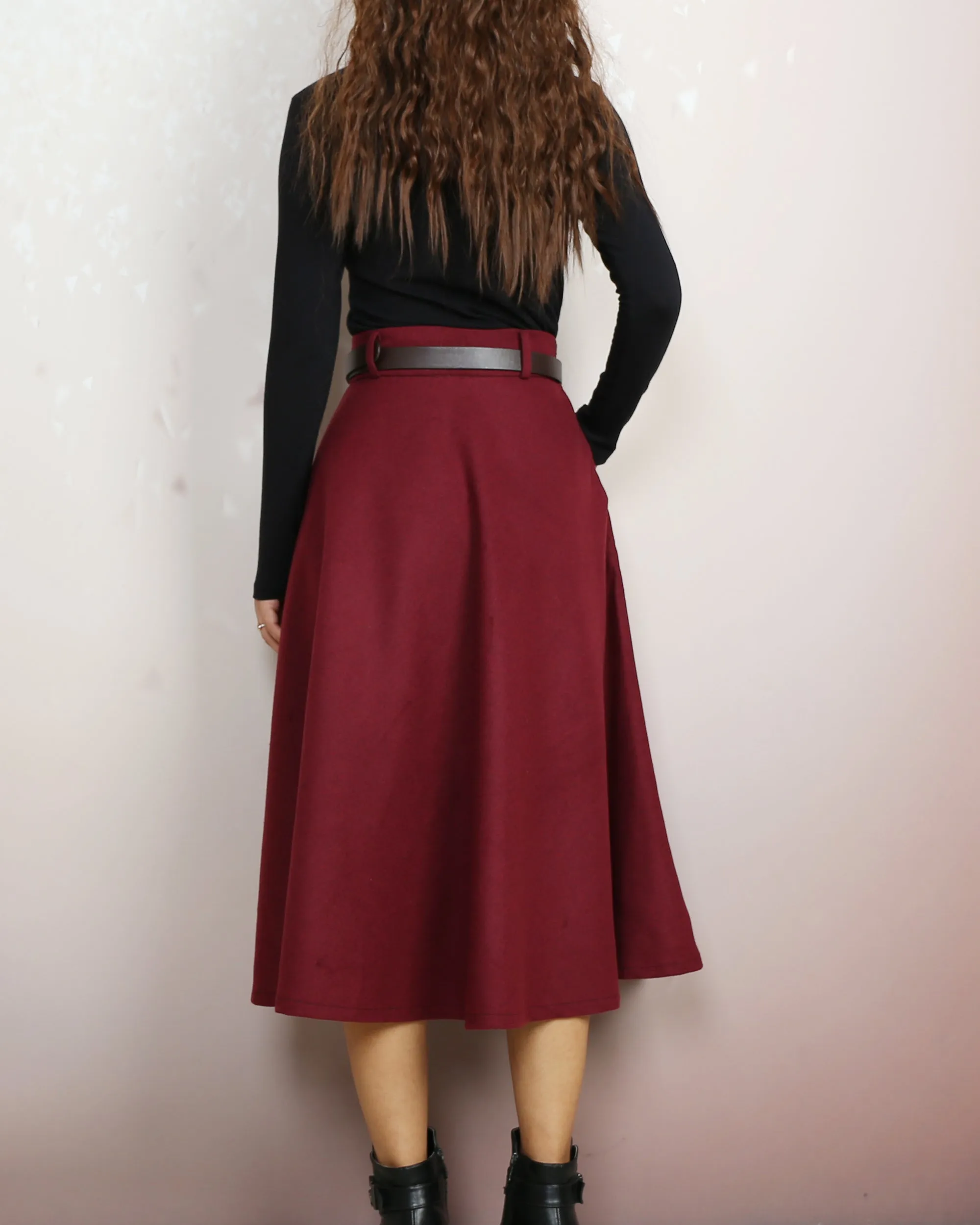Midi skirt, Winter skirt, Wool skirt with belt, custom made skirt, black skirt (Q2143)