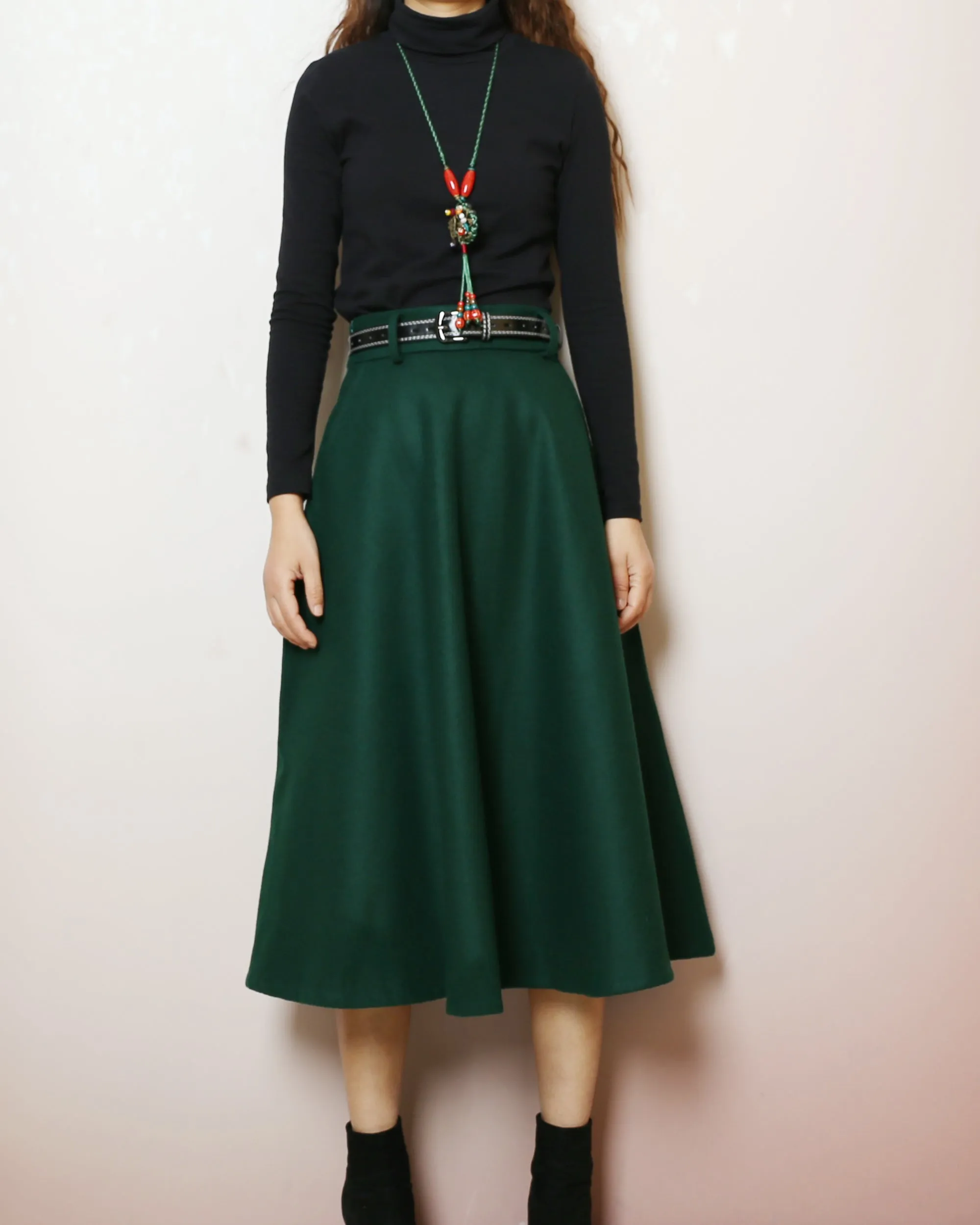 Midi skirt, Winter skirt, Wool skirt with belt, custom made skirt, black skirt (Q2143)