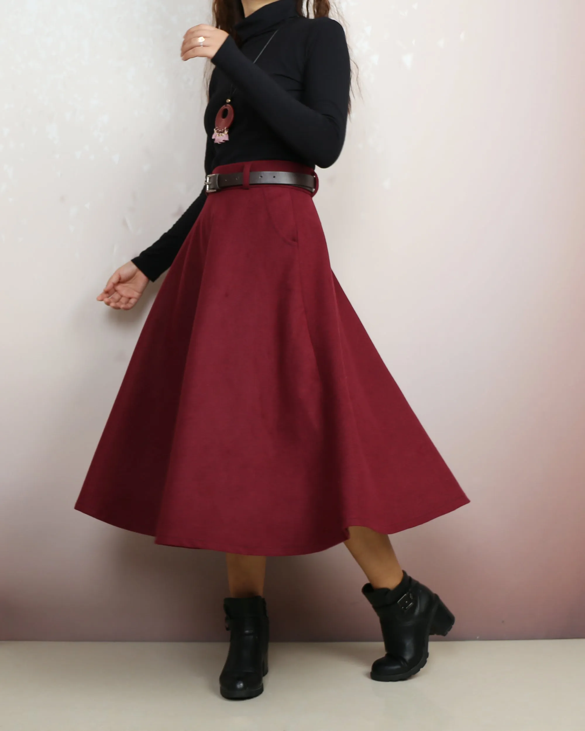Midi skirt, Winter skirt, Wool skirt with belt, custom made skirt, black skirt (Q2143)