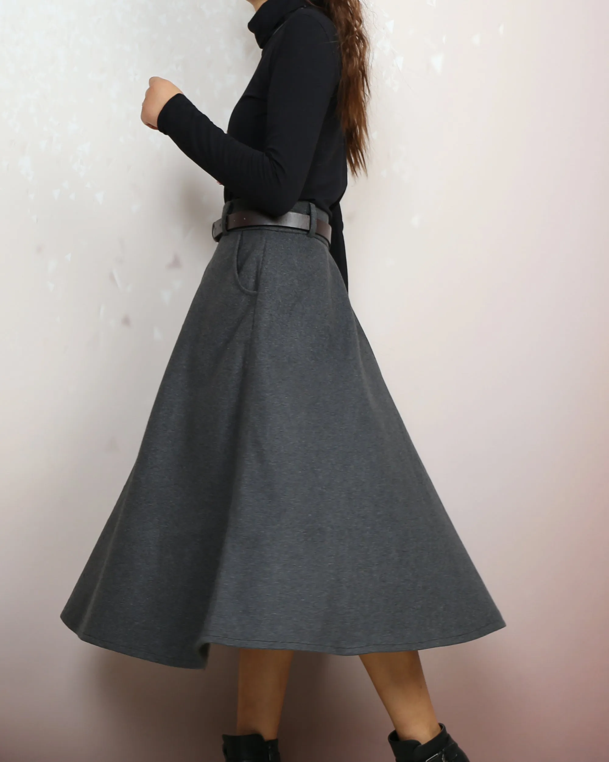 Midi skirt, Winter skirt, Wool skirt with belt, custom made skirt, black skirt (Q2143)