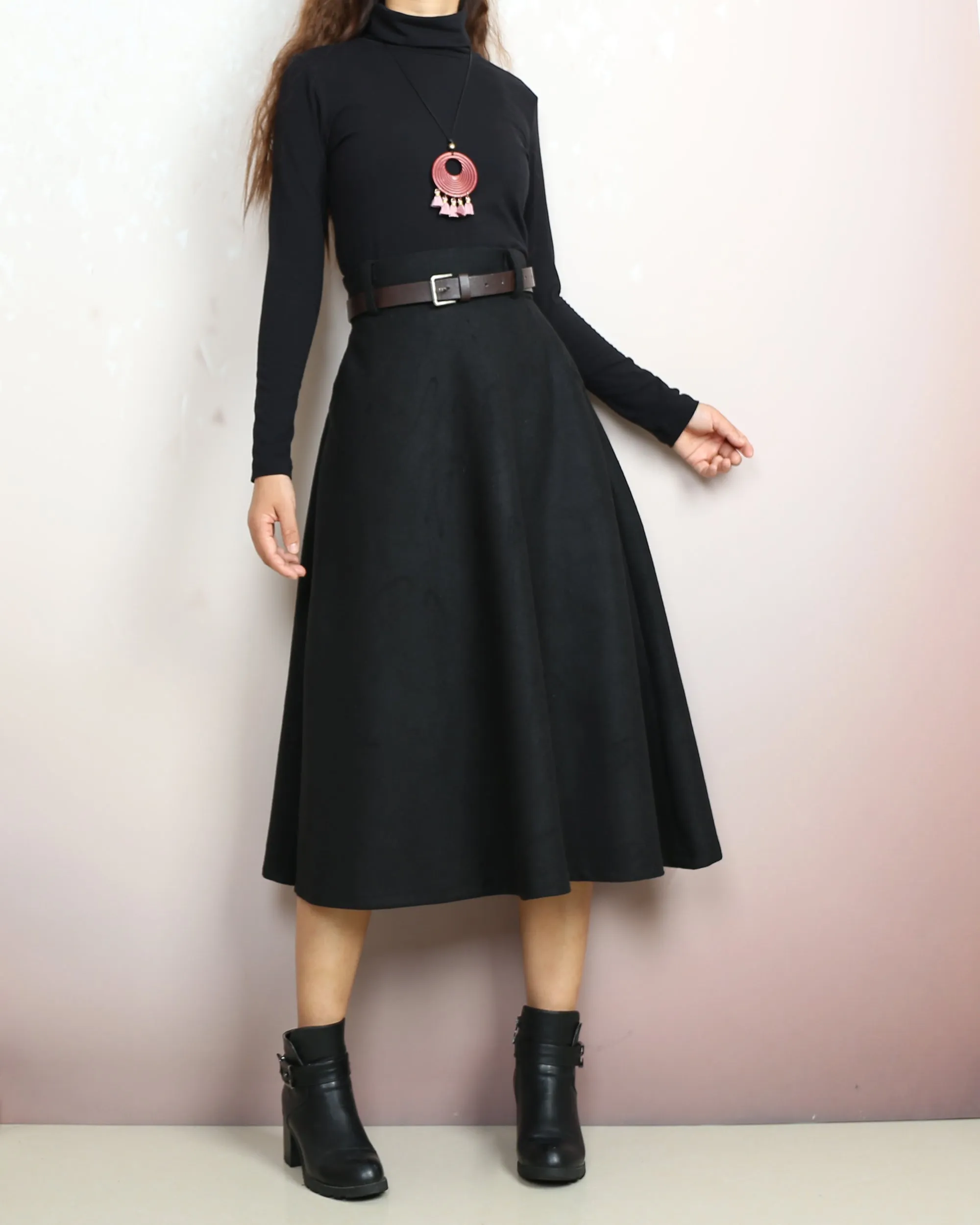 Midi skirt, Winter skirt, Wool skirt with belt, custom made skirt, black skirt (Q2143)