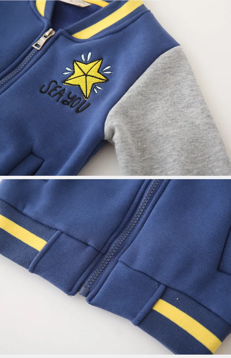 Mqtime Kids Fleece Jacket Cotton Thicken Star Letters Embroidery Baseball Uniform Boys Girls Spring Zipper Color Matching Fall Coats