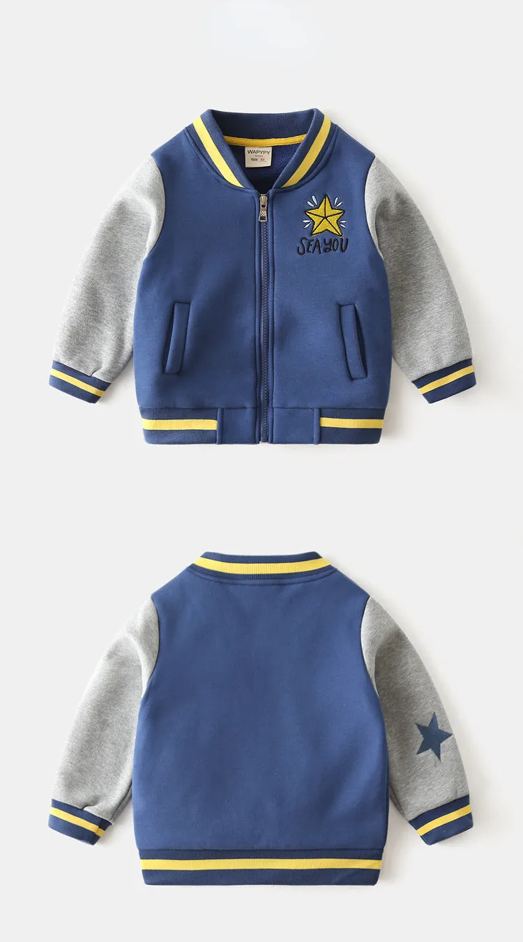 Mqtime Kids Fleece Jacket Cotton Thicken Star Letters Embroidery Baseball Uniform Boys Girls Spring Zipper Color Matching Fall Coats