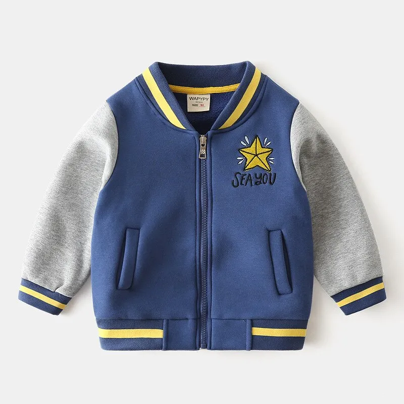 Mqtime Kids Fleece Jacket Cotton Thicken Star Letters Embroidery Baseball Uniform Boys Girls Spring Zipper Color Matching Fall Coats