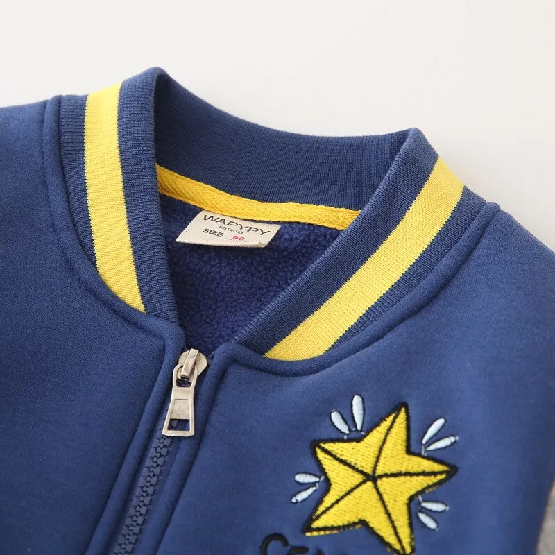 Mqtime Kids Fleece Jacket Cotton Thicken Star Letters Embroidery Baseball Uniform Boys Girls Spring Zipper Color Matching Fall Coats
