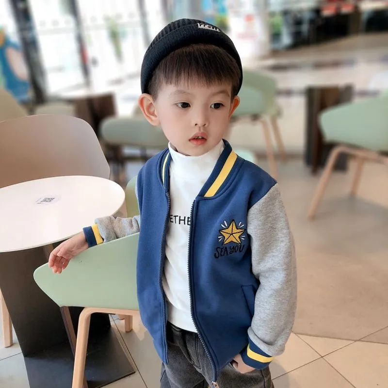 Mqtime Kids Fleece Jacket Cotton Thicken Star Letters Embroidery Baseball Uniform Boys Girls Spring Zipper Color Matching Fall Coats