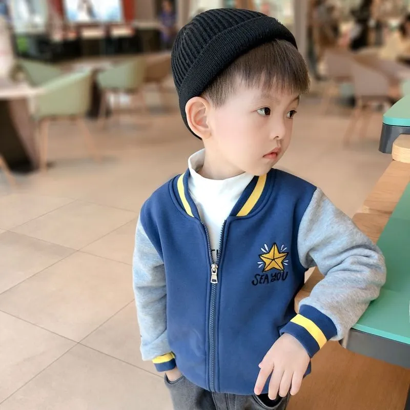 Mqtime Kids Fleece Jacket Cotton Thicken Star Letters Embroidery Baseball Uniform Boys Girls Spring Zipper Color Matching Fall Coats