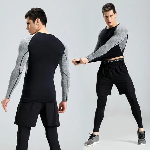 New 3Pcs Running Set Men Solid Quick Dry Mens Sport Suit Fitness Tight Gym Clothing Training Suit
