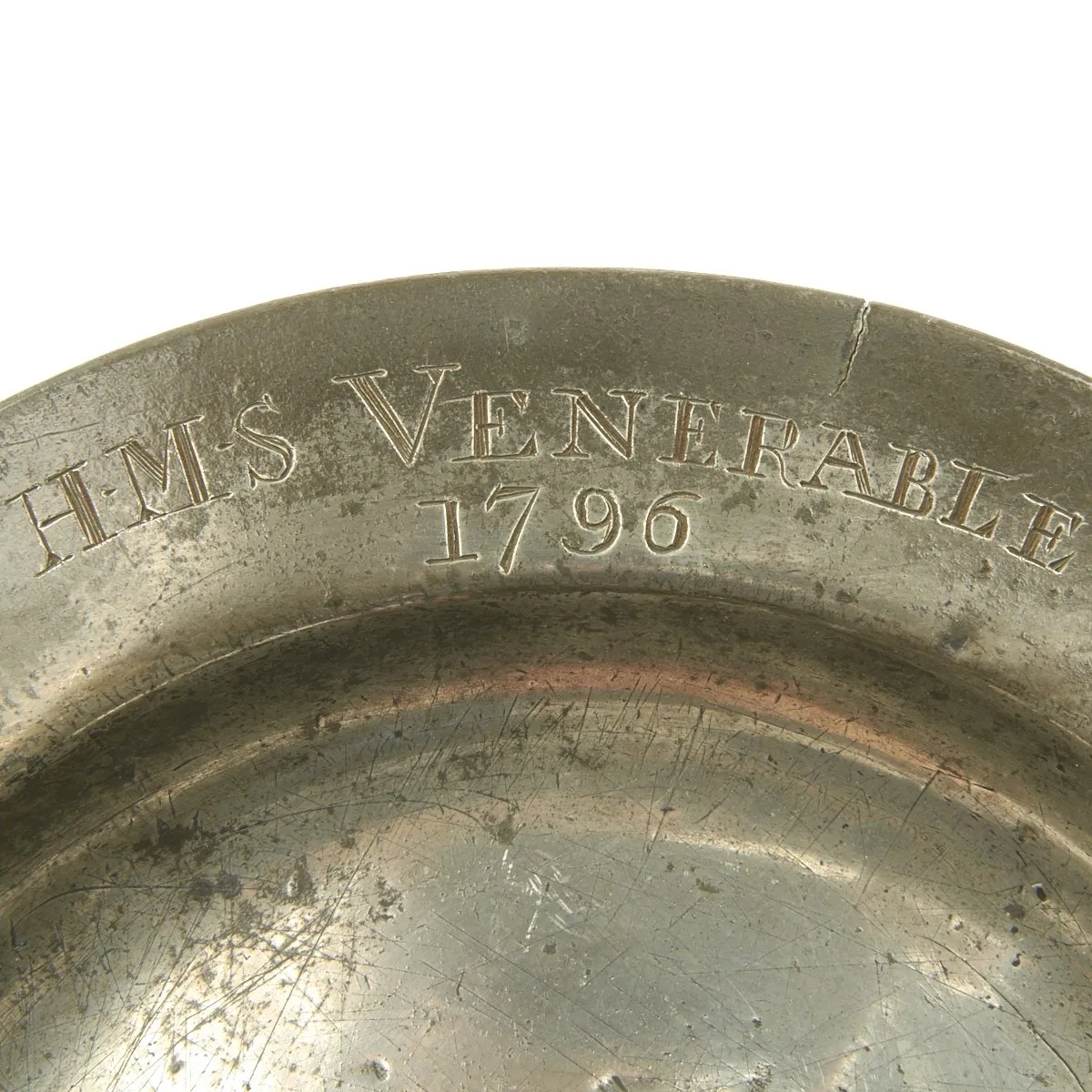 Original British 18th Century Naval Pewter Plate Named to H.M.S. Venerable - dated 1796