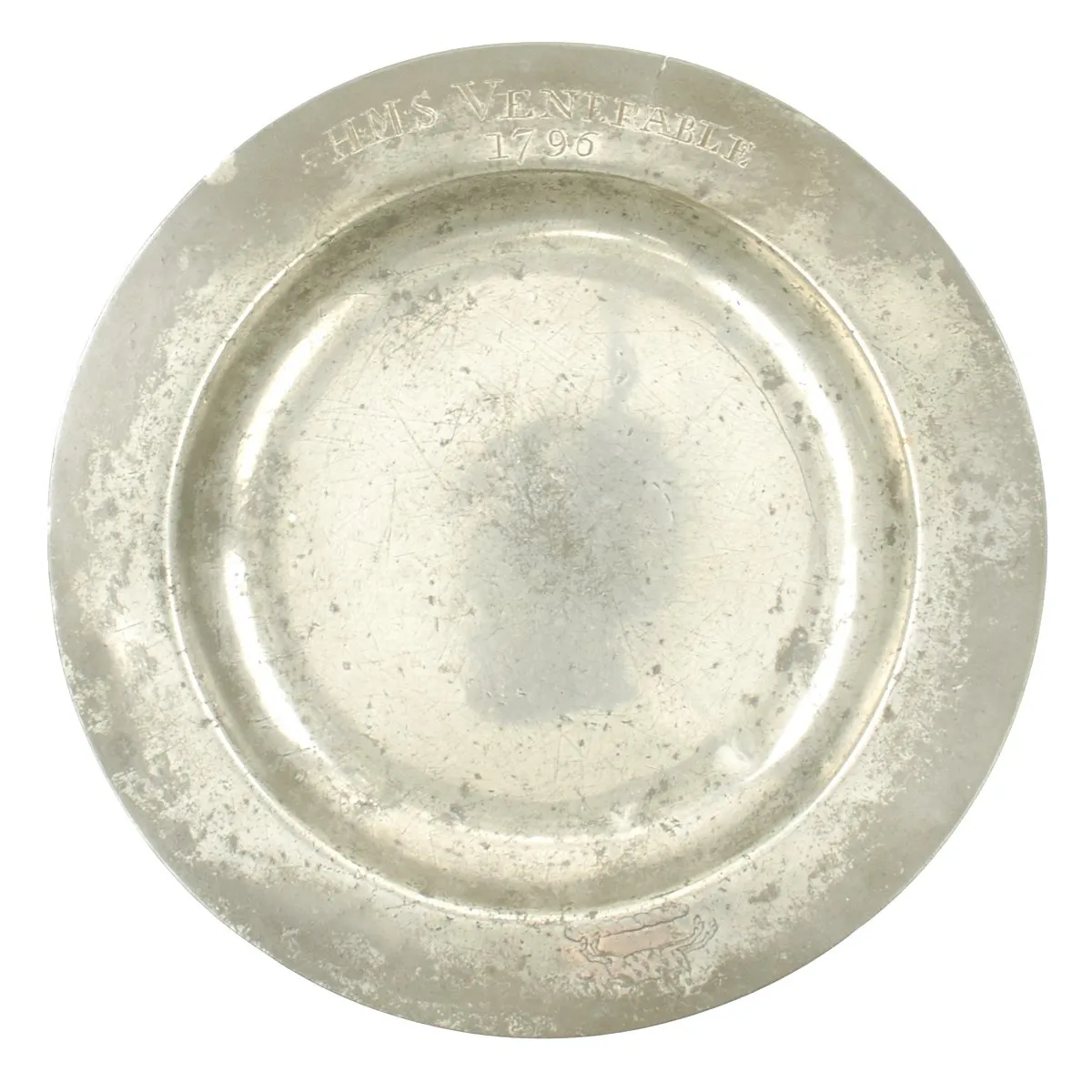 Original British 18th Century Naval Pewter Plate Named to H.M.S. Venerable - dated 1796