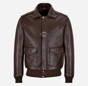 REIGNWOOD Men's Leather Bomber Jacket Brown Leather Bomber