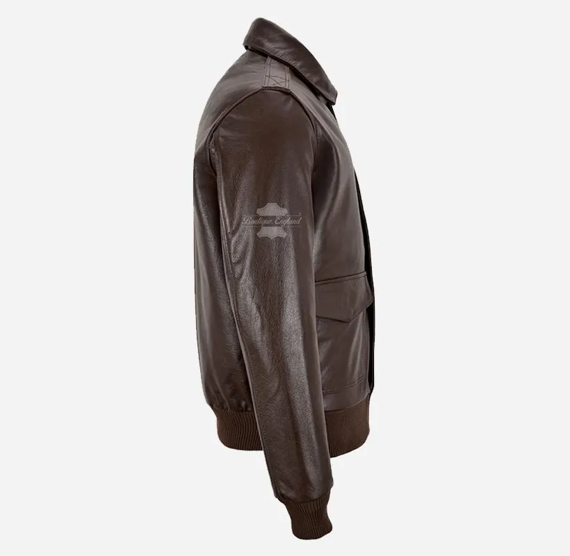 REIGNWOOD Men's Leather Bomber Jacket Brown Leather Bomber