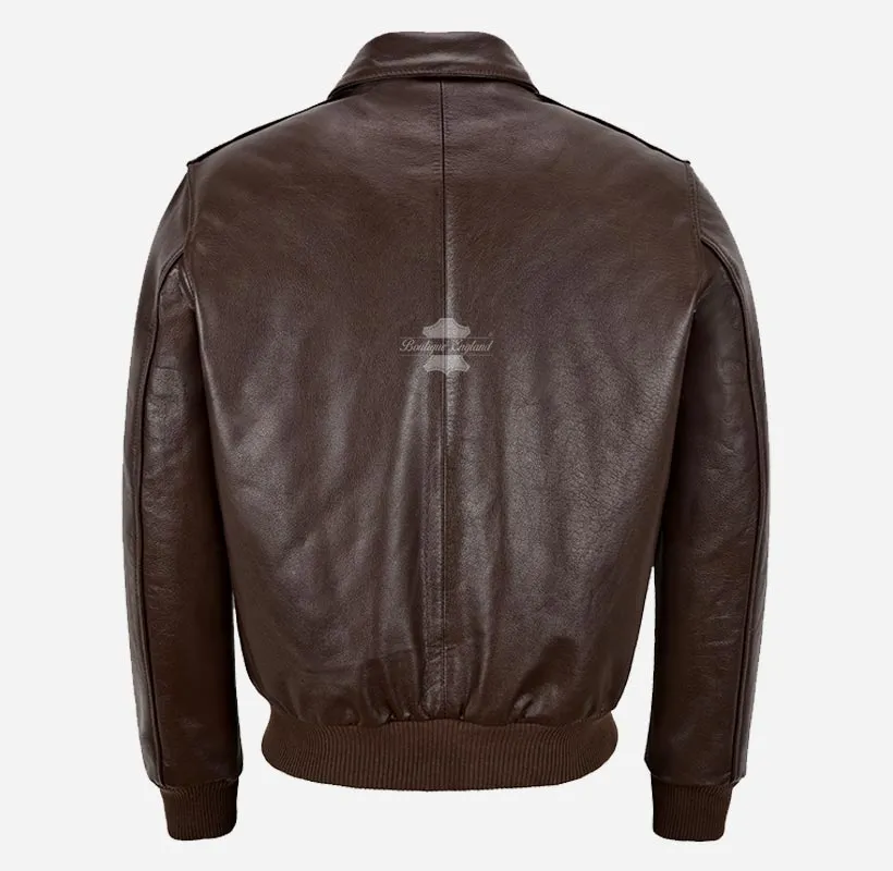 REIGNWOOD Men's Leather Bomber Jacket Brown Leather Bomber