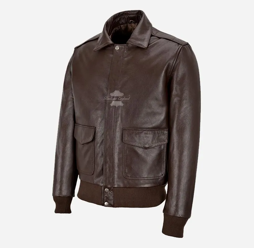REIGNWOOD Men's Leather Bomber Jacket Brown Leather Bomber