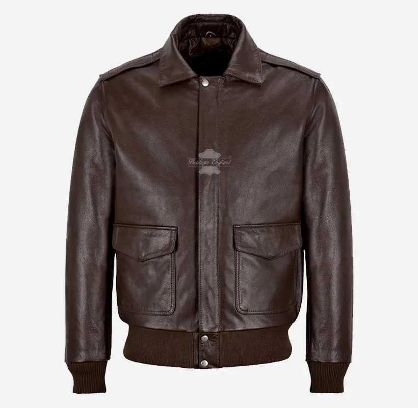 REIGNWOOD Men's Leather Bomber Jacket Brown Leather Bomber
