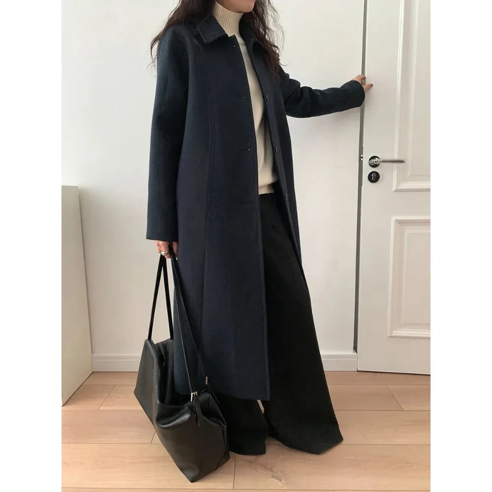 Solid Loose Elegant Wool Lapel Long Sleeve Long Coat