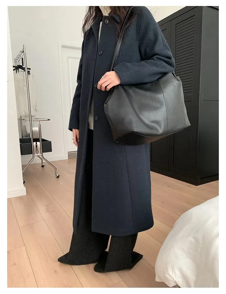 Solid Loose Elegant Wool Lapel Long Sleeve Long Coat