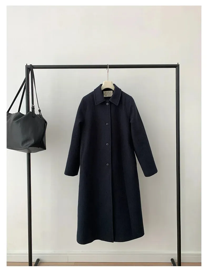 Solid Loose Elegant Wool Lapel Long Sleeve Long Coat
