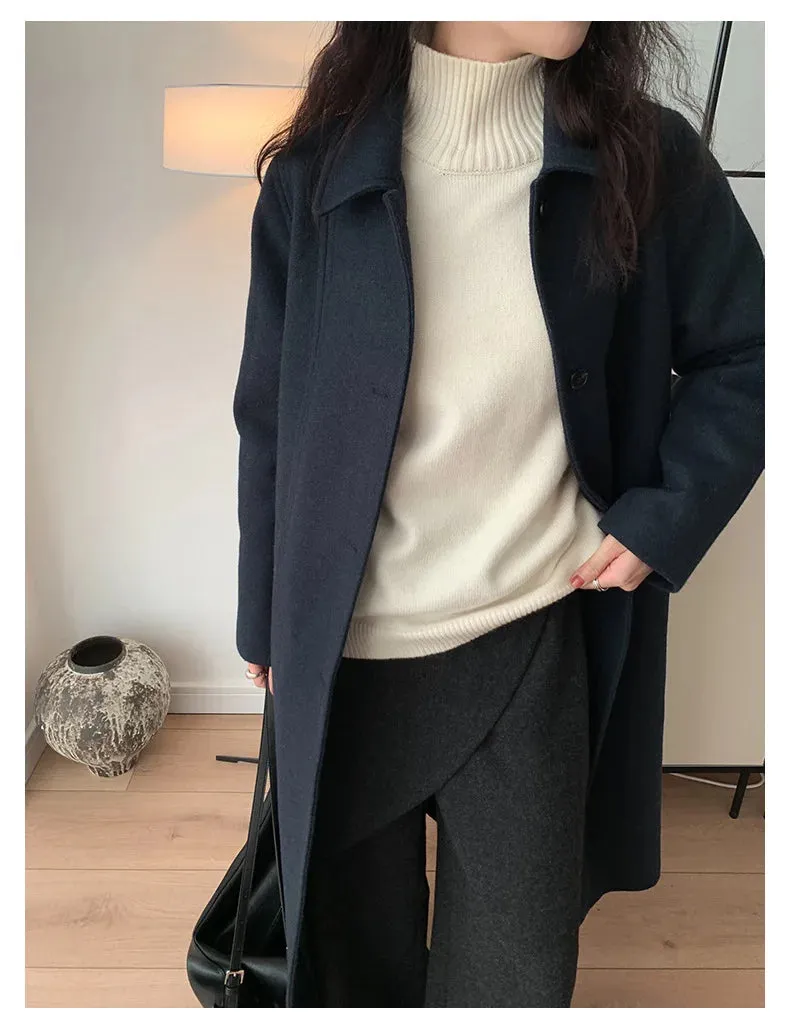 Solid Loose Elegant Wool Lapel Long Sleeve Long Coat
